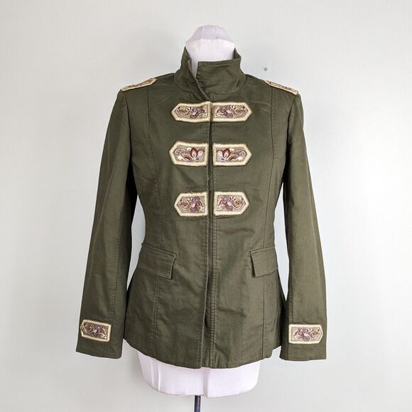 Chicos Military Jacket Officer Beaded Epaulette Army Embroidered Blazer Green M - Picture 1 of 12